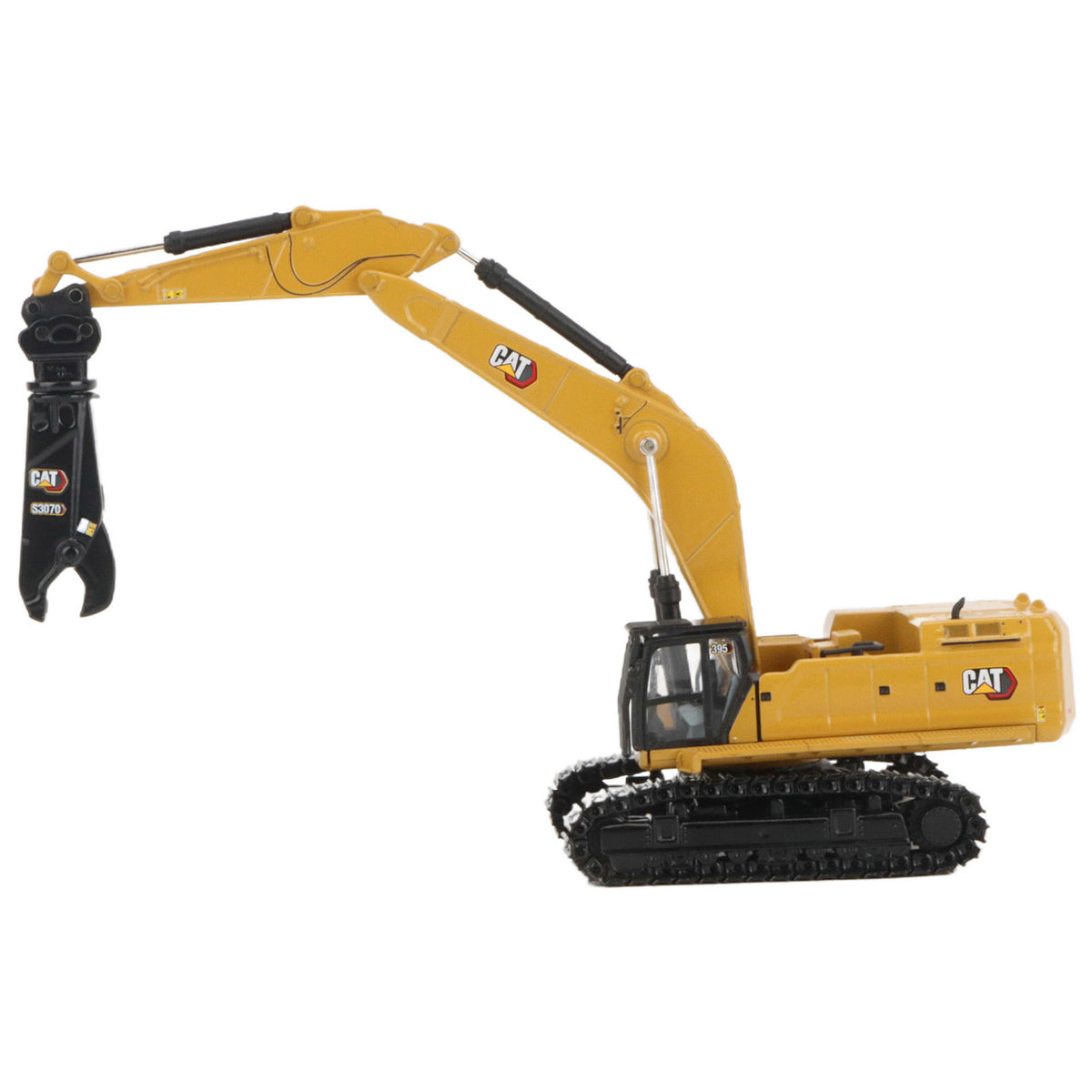 A yellow CAT model 395 excavator with black tracks and a yellow bucket, photographed on a clean white background.