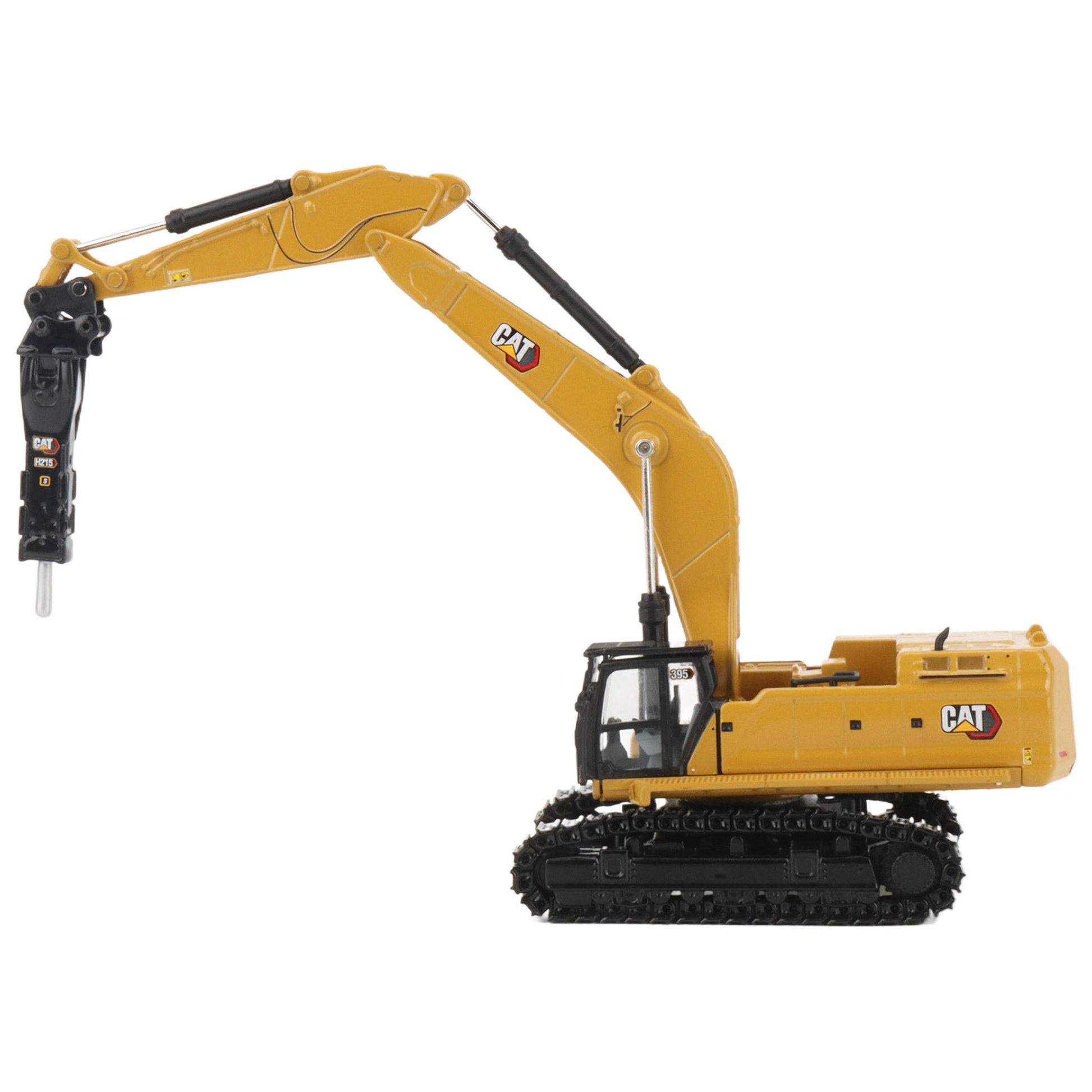 A yellow CAT model 395 excavator with black tracks and a yellow bucket, photographed on a clean white background.