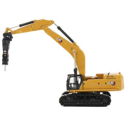 A yellow CAT model 395 excavator with black tracks and a yellow bucket, photographed on a clean white background.