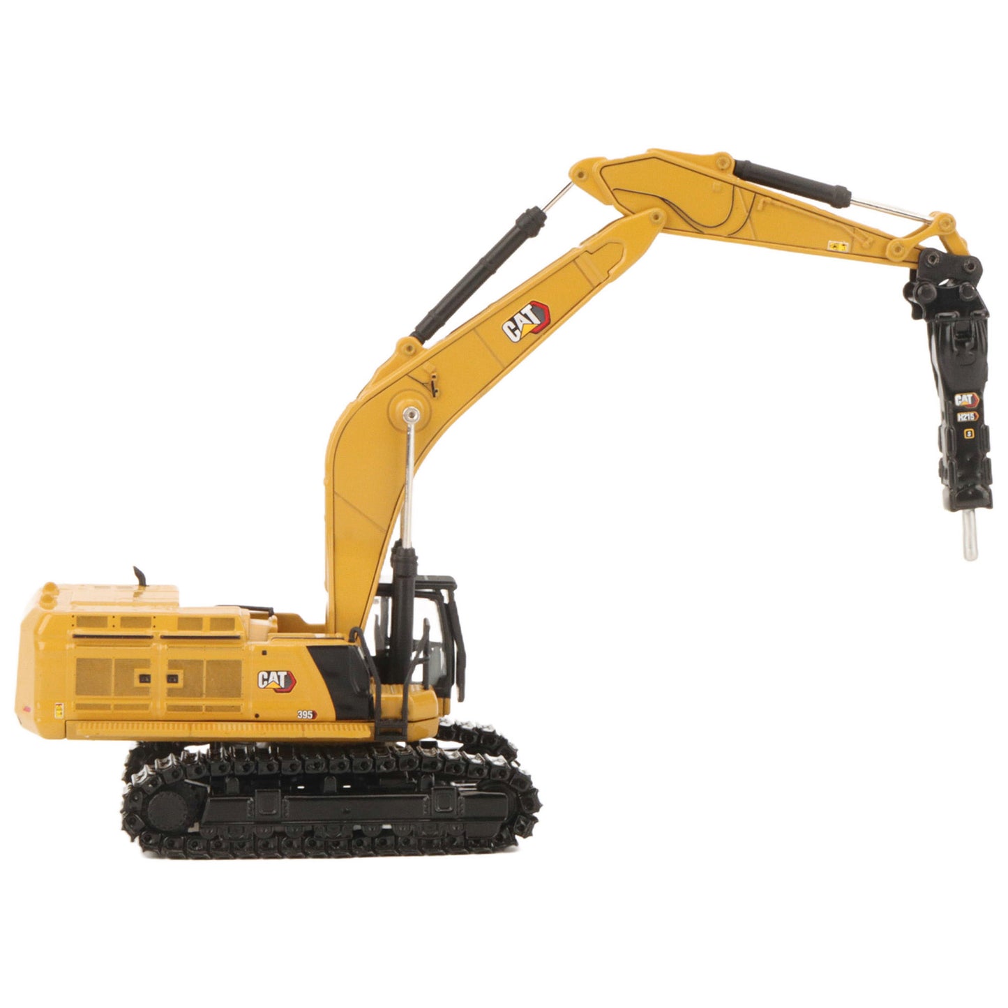 A yellow CAT model 395 excavator with black tracks and a yellow bucket, photographed on a clean white background.