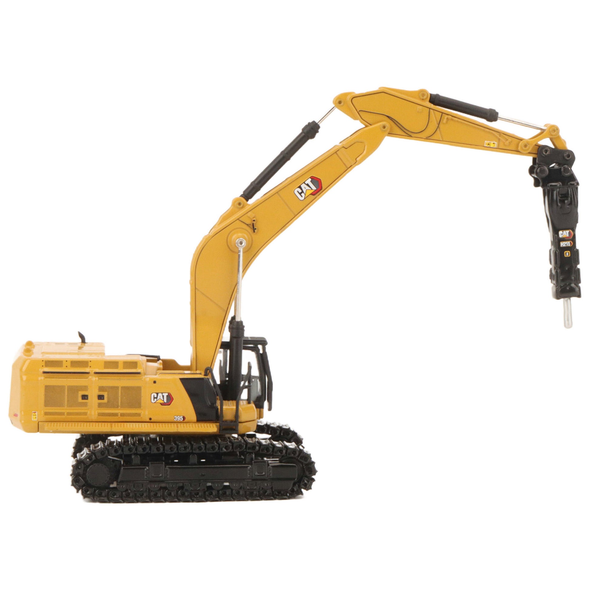 A yellow CAT model 395 excavator with black tracks and a yellow bucket, photographed on a clean white background.