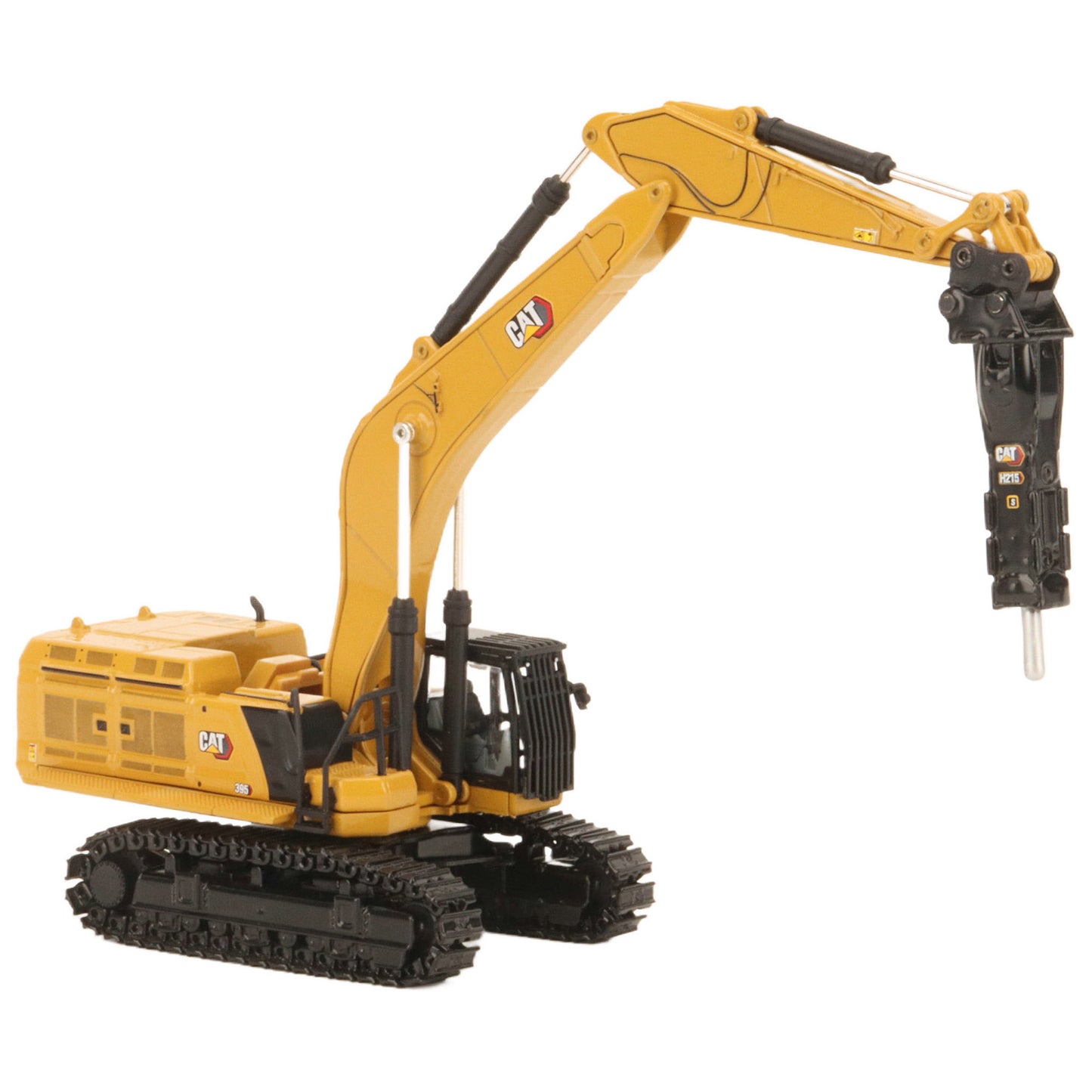 A yellow CAT model 395 excavator with black tracks and a yellow bucket, photographed on a clean white background.