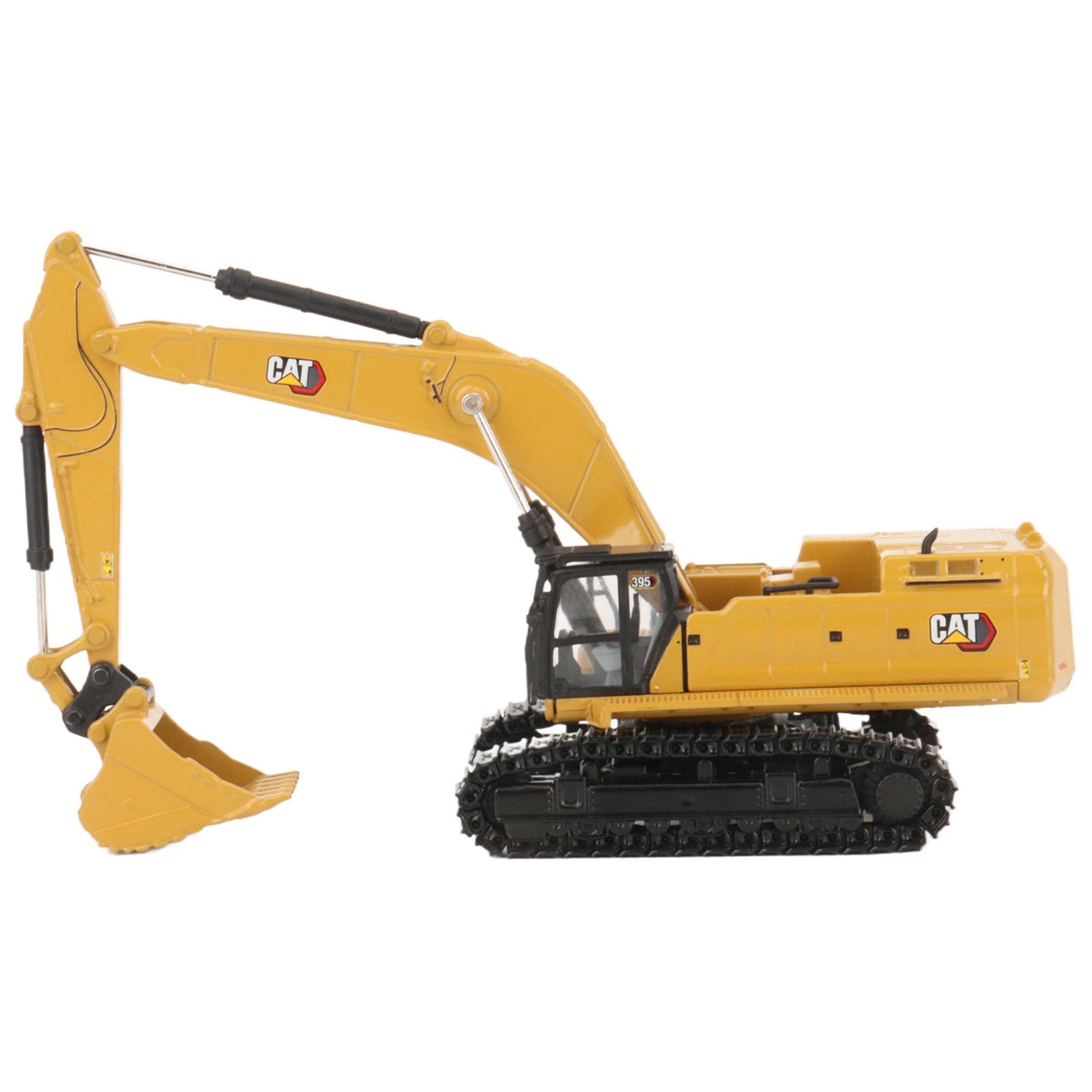 A yellow CAT model 395 excavator with black tracks and a yellow bucket, photographed on a clean white background.