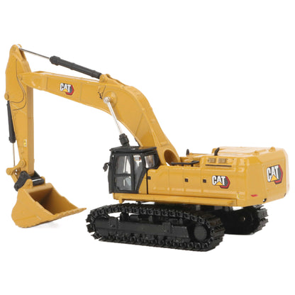 A yellow CAT model 395 excavator with black tracks and a yellow bucket, photographed on a clean white background.