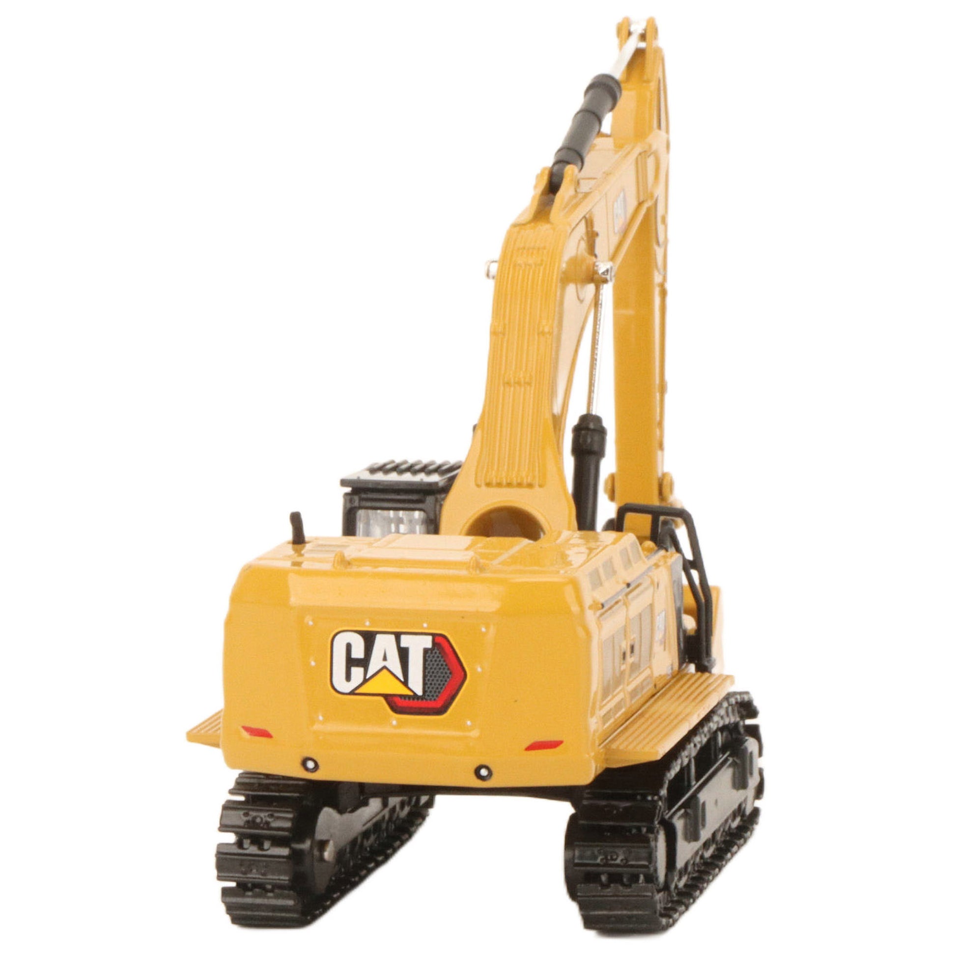 A yellow CAT model 395 excavator with black tracks and a yellow bucket, photographed on a clean white background.