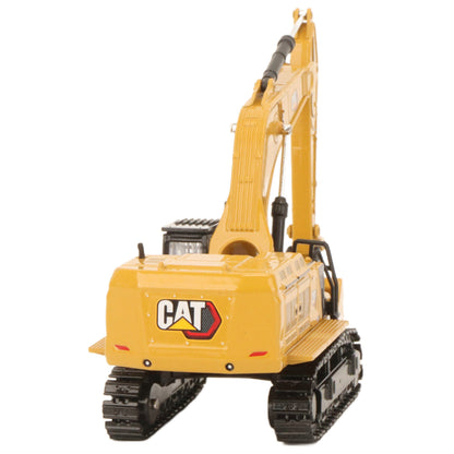 A yellow CAT model 395 excavator with black tracks and a yellow bucket, photographed on a clean white background.
