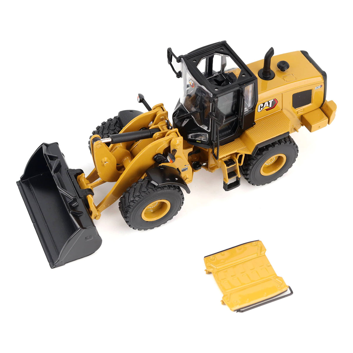 1:50th Scale Diecast Model of a CAT Yellow & Black Model of a Caterpillar 930 Wheel Loader Photographed on a White Background