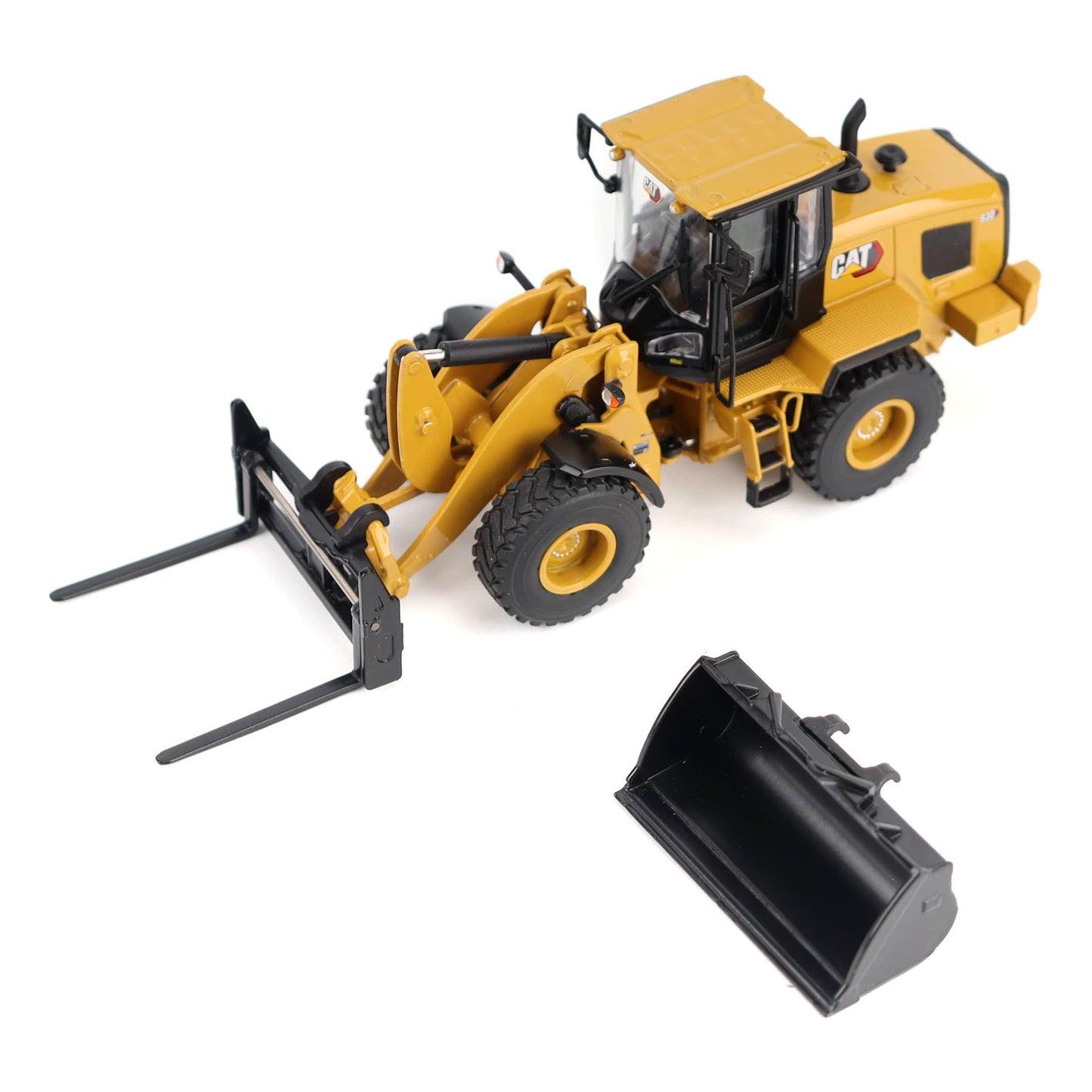 1:50th Scale Diecast Model of a CAT Yellow & Black Model of a Caterpillar 930 Wheel Loader Photographed on a White Background
