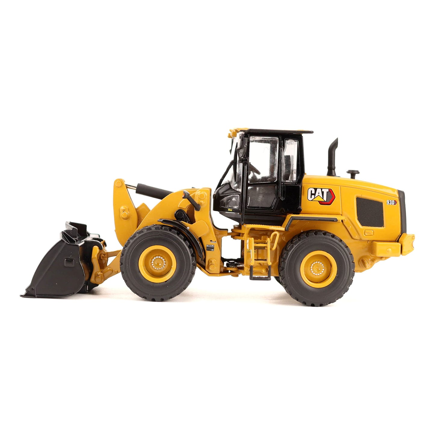 1:50th Scale Diecast Model of a CAT Yellow & Black Model of a Caterpillar 930 Wheel Loader Photographed on a White Background