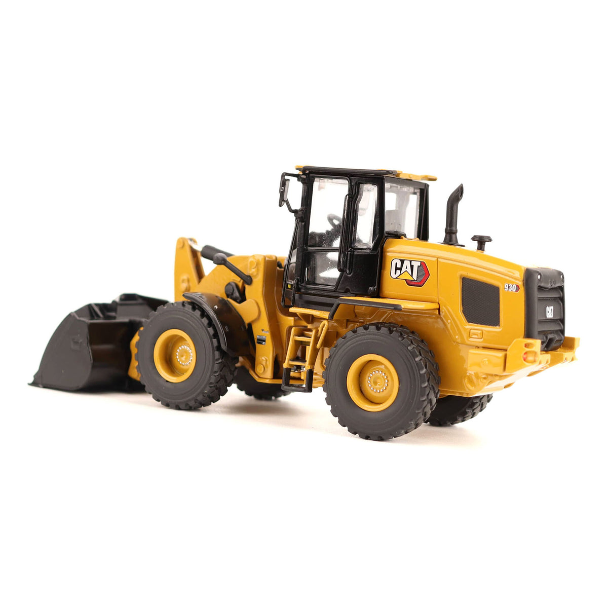 1:50th Scale Diecast Model of a CAT Yellow & Black Model of a Caterpillar 930 Wheel Loader Photographed on a White Background