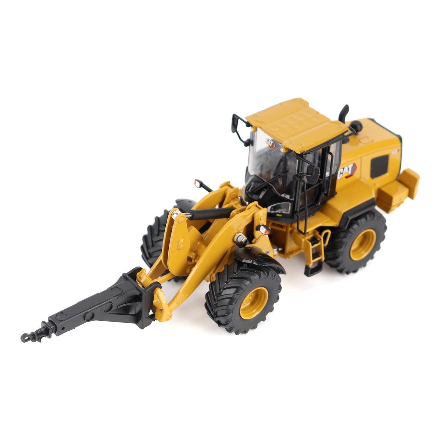 A yellow and black toy construction vehicle, resembling a wheel loader or compact excavator, shown on a plain white background.