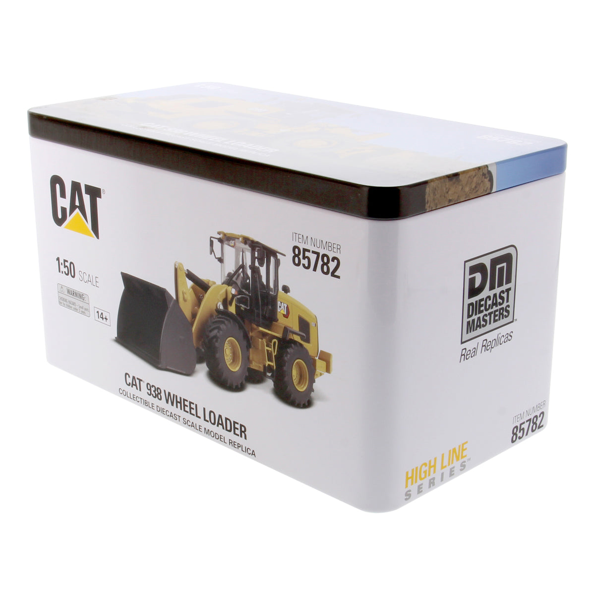 CAT 936 Wheel Loader model kit box by Diecast Masters, 1:50 scale, featuring a yellow wheel loader illustration on a white box with CAT branding.