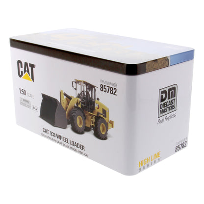 CAT 936 Wheel Loader model kit box by Diecast Masters, 1:50 scale, featuring a yellow wheel loader illustration on a white box with CAT branding.