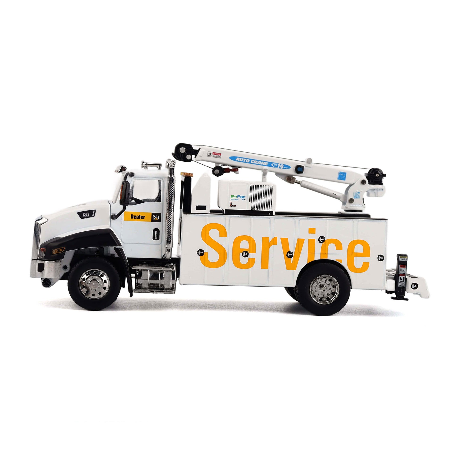 A white utility service truck with a raised boom, featuring large orange 'Service' lettering on the side and a small yellow Caterpillar logo on the cab, shown against a plain white background.
