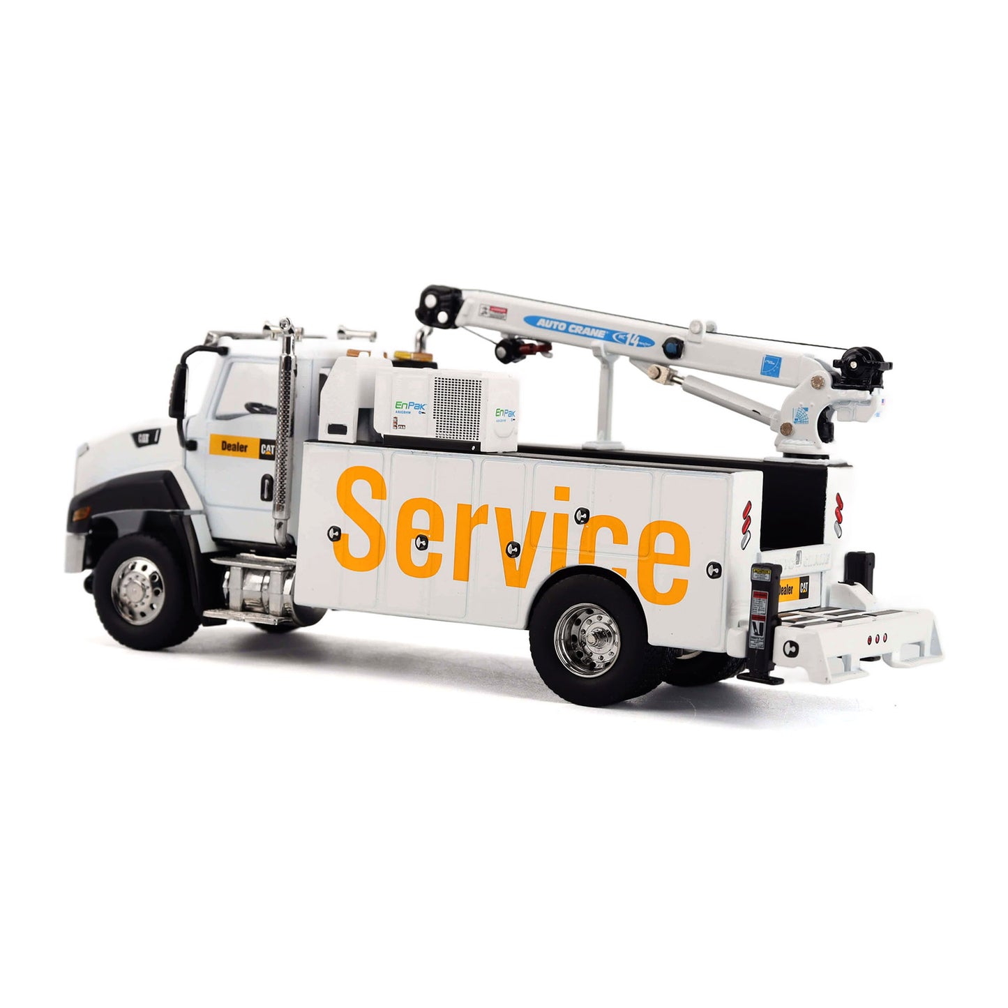 A white utility service truck with a large orange 'Service' logo on the side, featuring a white cherry picker boom lift mounted in the bed, photographed on a clean white background.