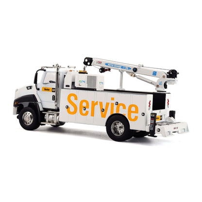 A white utility service truck with a large orange 'Service' logo on the side, featuring a white cherry picker boom lift mounted in the bed, photographed on a clean white background.