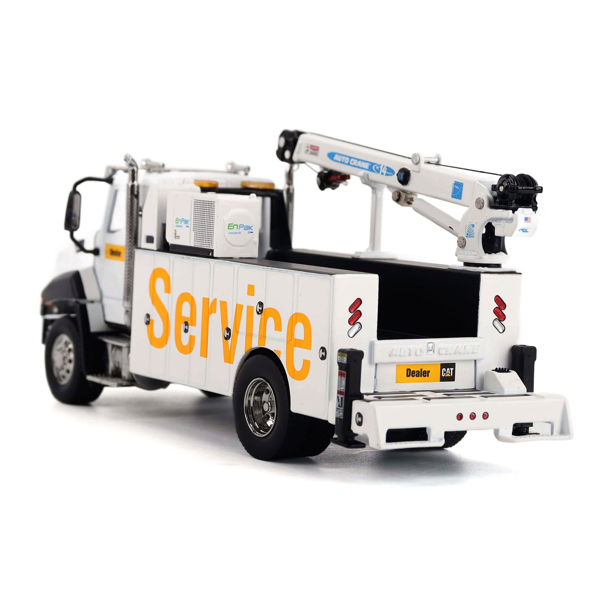 A white utility service truck with a raised boom lift, featuring large orange 'Service' lettering on the side and a black cargo bed, photographed on a clean white background.