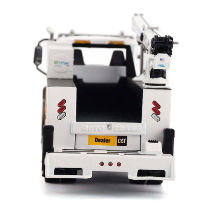 A white diecast metal model of a CAT service truck, viewed from the rear three-quarter angle against a clean white background.