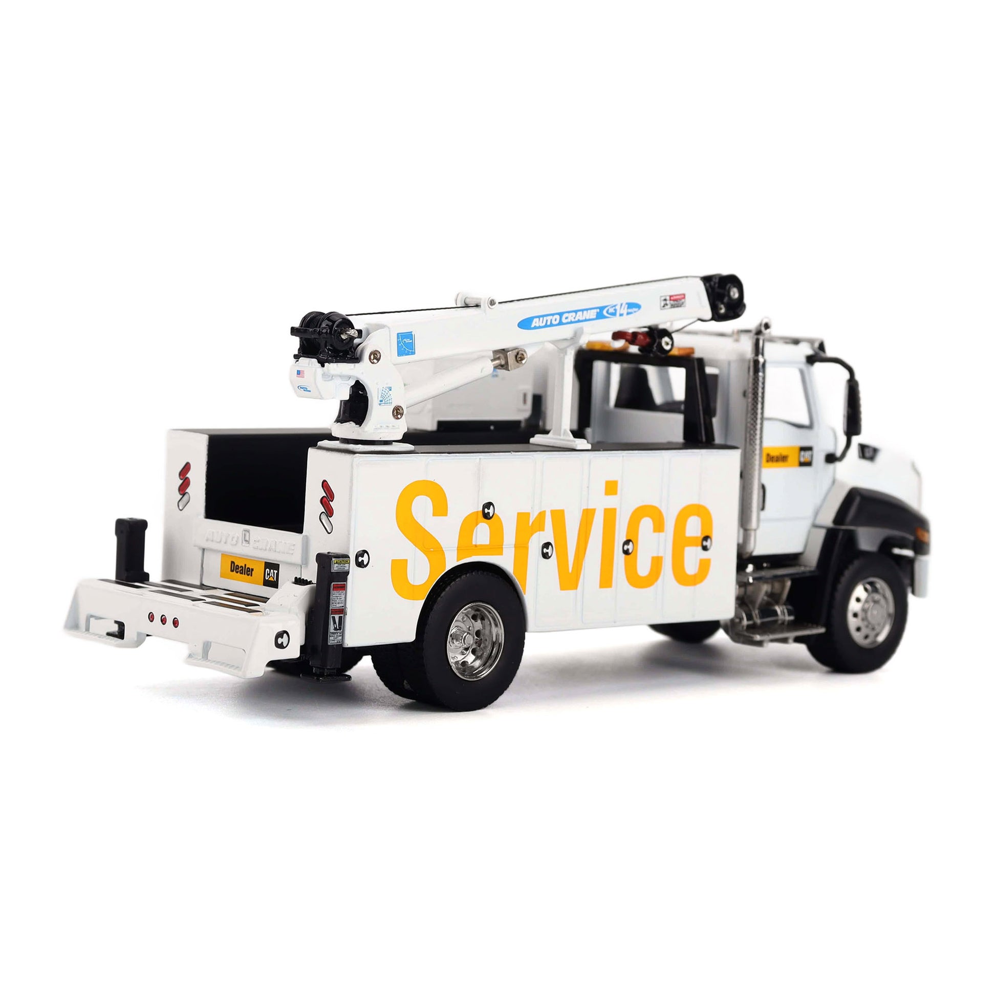 A white utility service truck with a large yellow 'Service' logo on the side, shown from a three-quarter rear angle on a clean white background.