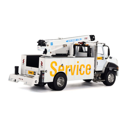 A white utility service truck with a large yellow 'Service' logo on the side, shown from a three-quarter rear angle on a clean white background.