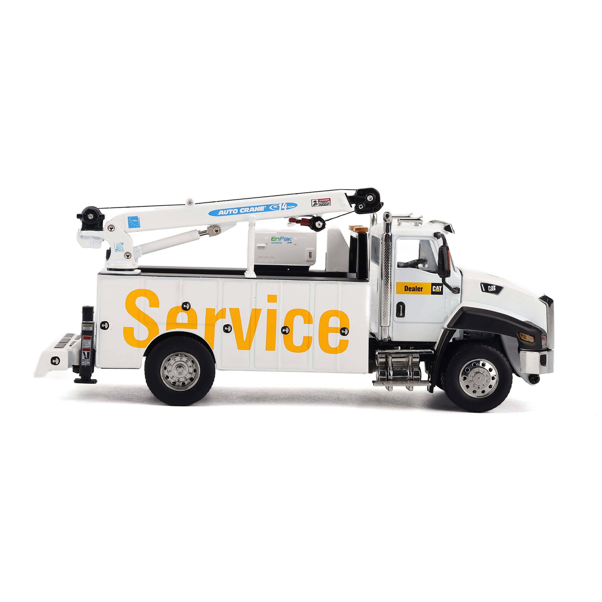 A white utility service truck with a large yellow 'Service' logo on the side, featuring a white cherry picker boom lift mounted on the back, photographed against a seamless white background.