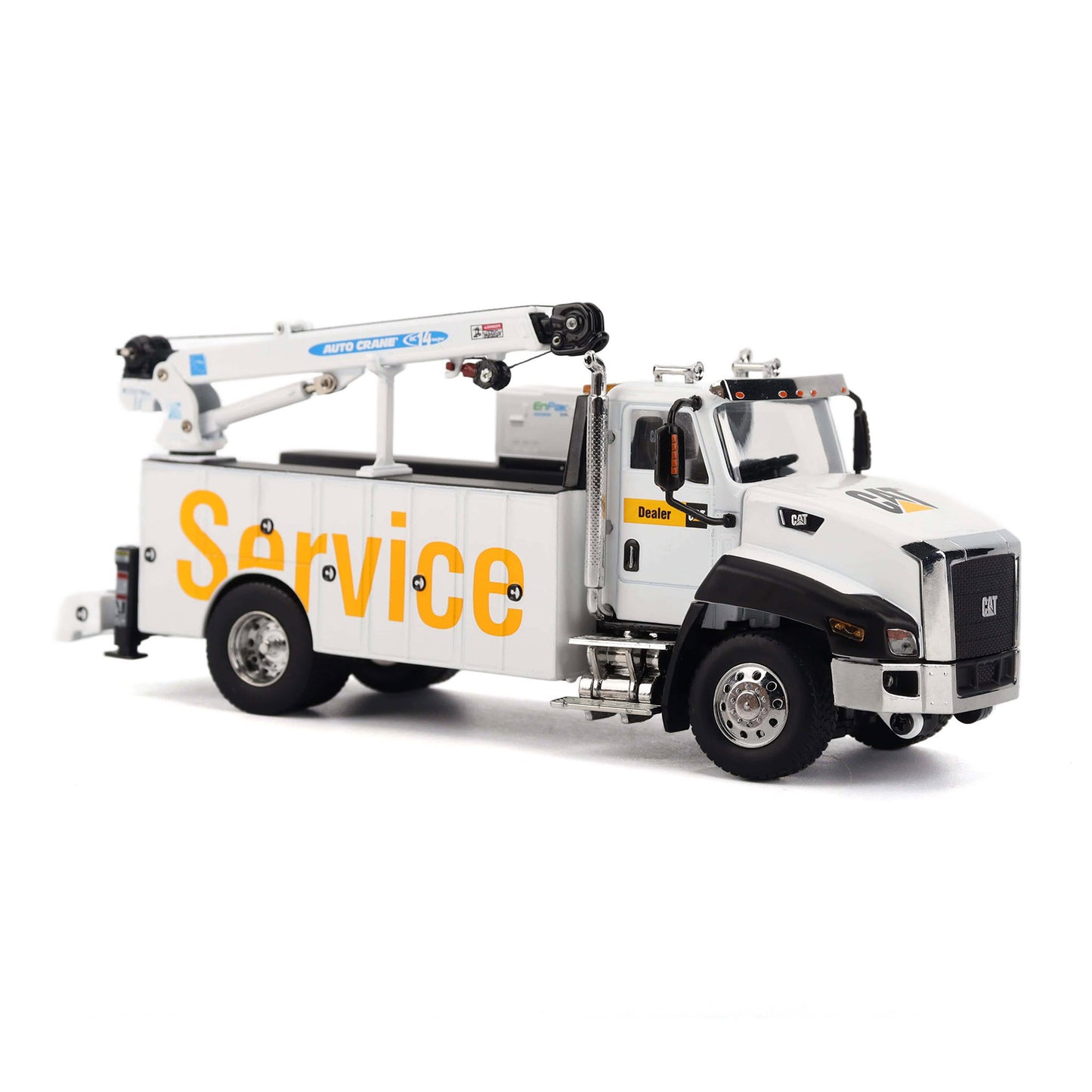 A white miniature toy service truck with a crane, featuring large yellow 'Service' lettering on the side and a Caterpillar logo on the front grille, shown on a white background.