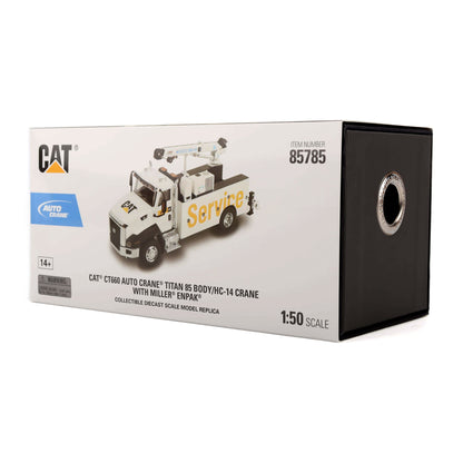 CAT 18500 Titan B5 Body/C-14 Crane 1:50 scale model replica in its original white and black retail packaging, featuring a printed illustration of the white crane truck with yellow 'Service' lettering.