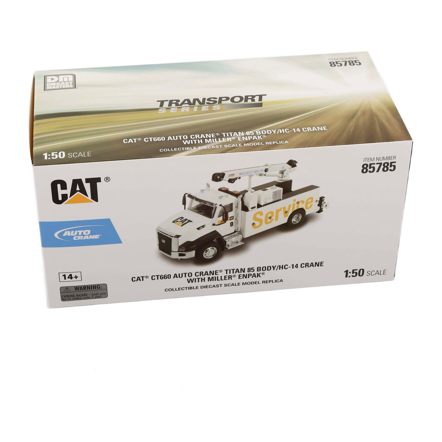 CAT Transport Series 1:50 scale model kit box for the CT6900 Auto Crane with TITAN IS body and NC-14 crane, featuring a white and gold truck design with 'Service' written on the side.