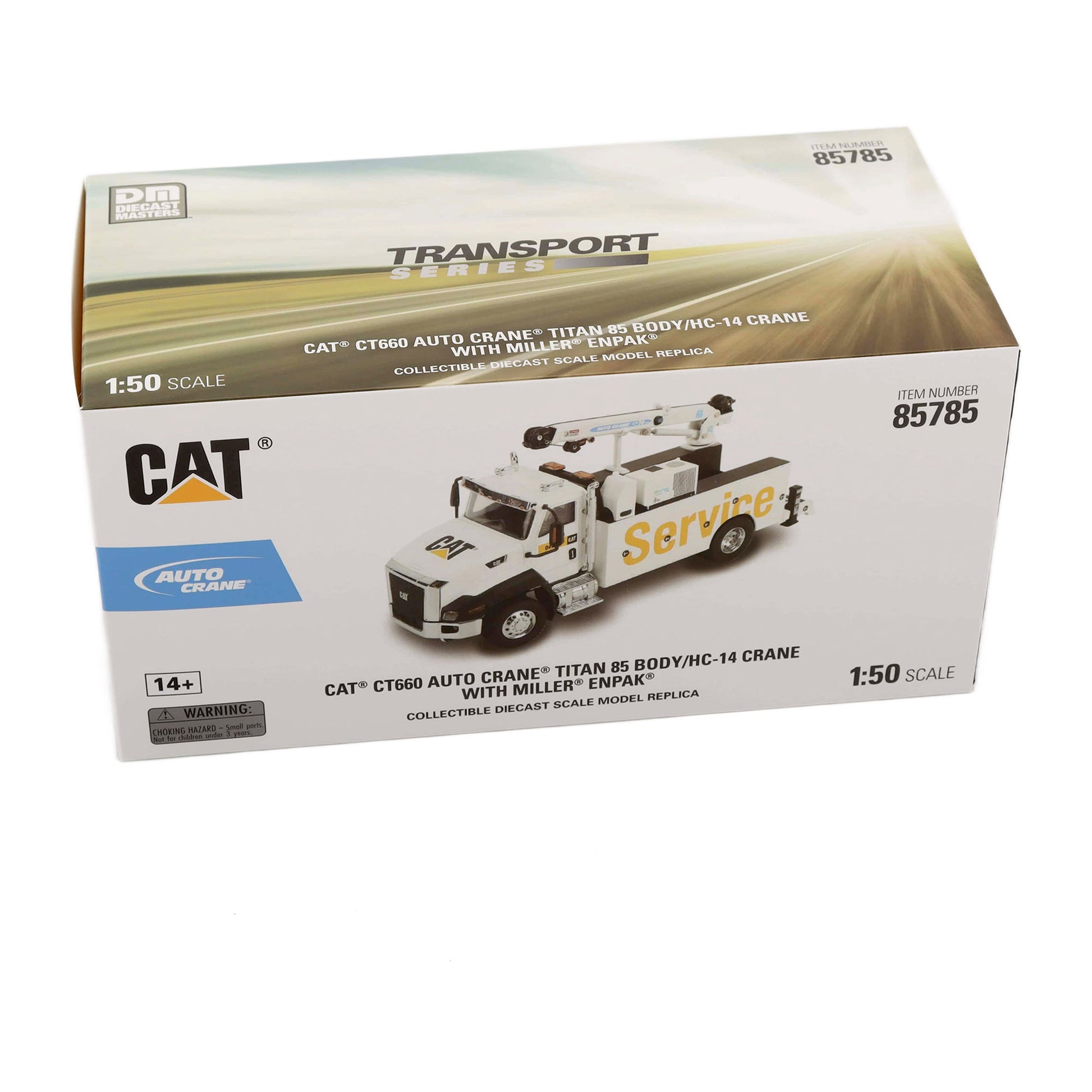 CAT Transport Series 1:50 scale model kit box for the CT6900 Auto Crane with TITAN IS body and NC-14 crane, featuring a white and gold truck design with 'Service' written on the side.