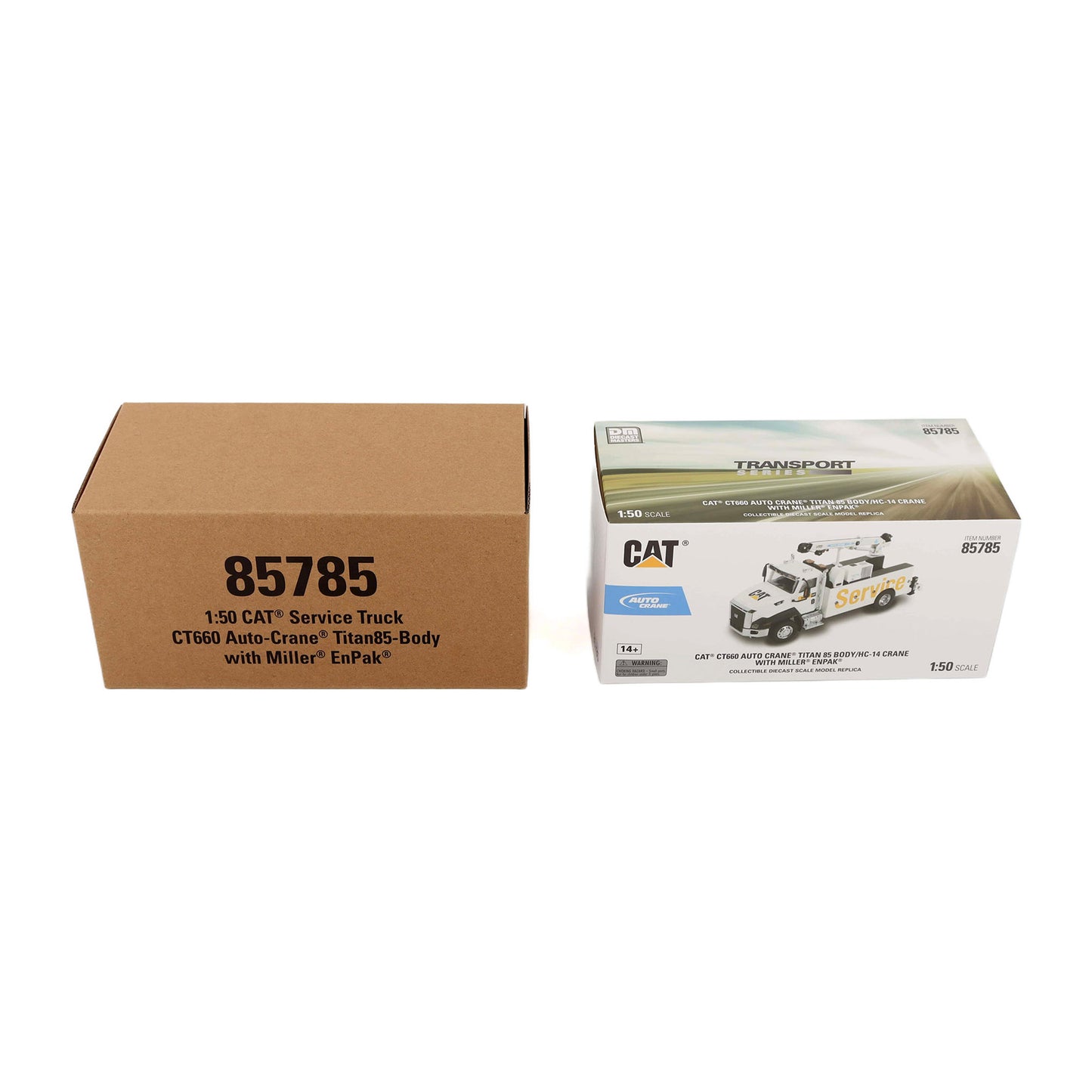 CAT 1:50 scale service truck model kit packaging, showing the brown cardboard outer box with black text and the white inner retail box featuring the CAT Transport logo and vehicle illustration.