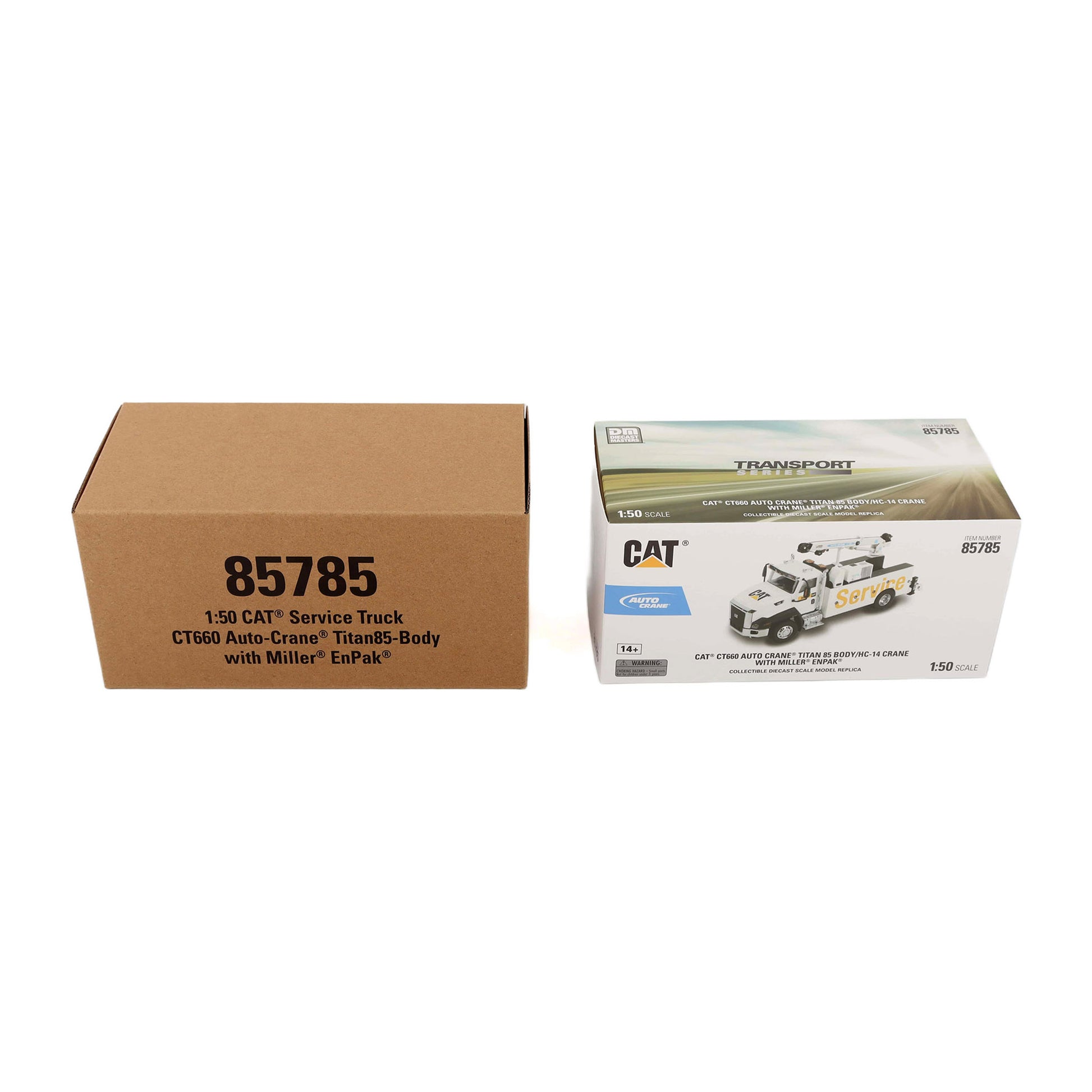 CAT 1:50 scale service truck model kit packaging, showing the brown cardboard outer box with black text and the white inner retail box featuring the CAT Transport logo and vehicle illustration.