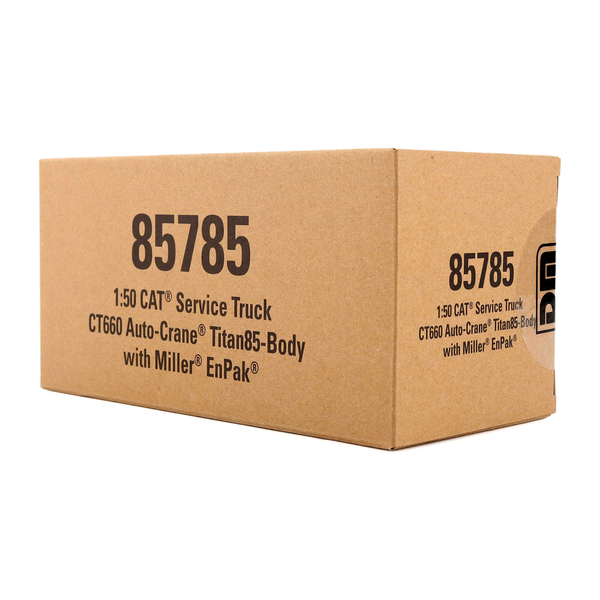 A brown cardboard box printed with black text reading '85785 1:50 CAT Service Truck CT660 Auto-Crane Titan85-Body with Miller EnPak' on a plain white background.