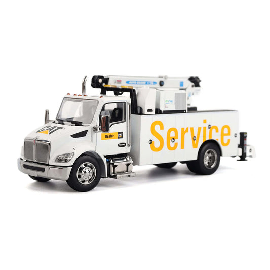 Model of a White Kenworth T380 Auto-Crane Titan 85 Body w/Miller EnPak "Caterpillar Dealer Service" on a White Background