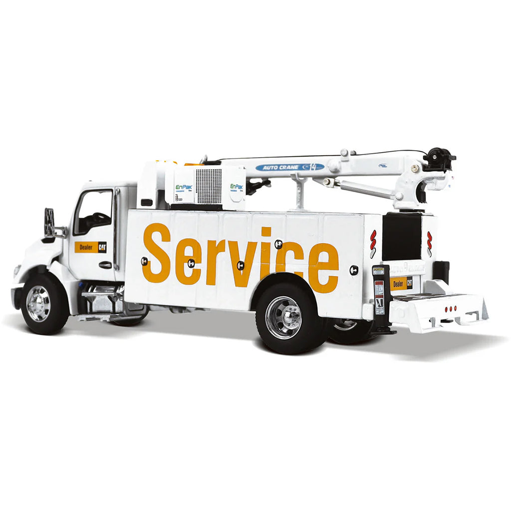 Model of a White Kenworth T380 Auto-Crane Titan 85 Body w/Miller EnPak "Caterpillar Dealer Service" on a White Background