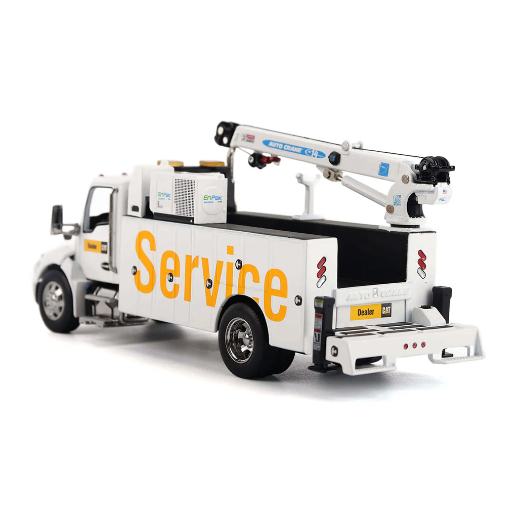 Model of a White Kenworth T380 Auto-Crane Titan 85 Body w/Miller EnPak "Caterpillar Dealer Service" on a White Background
