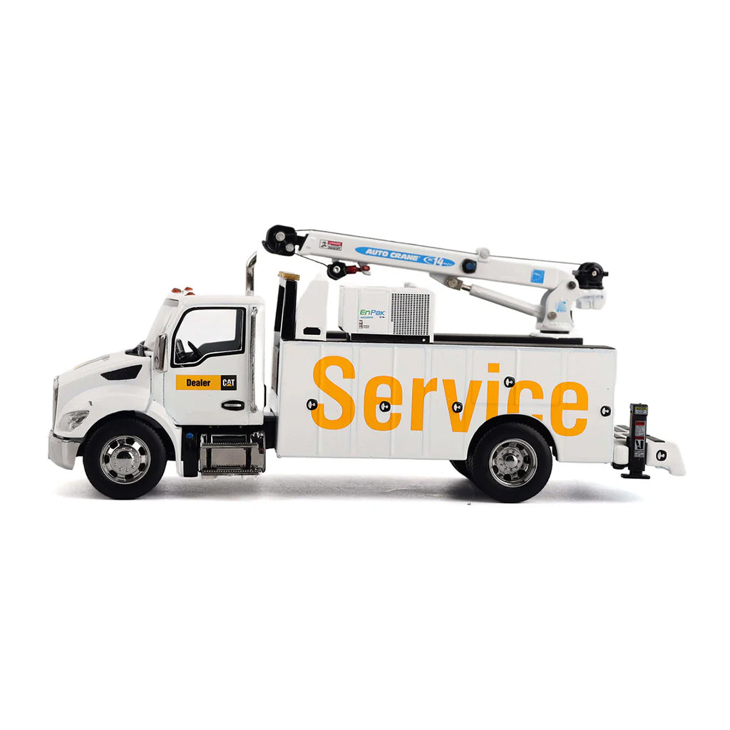 Model of a White Kenworth T380 Auto-Crane Titan 85 Body w/Miller EnPak "Caterpillar Dealer Service" on a White Background