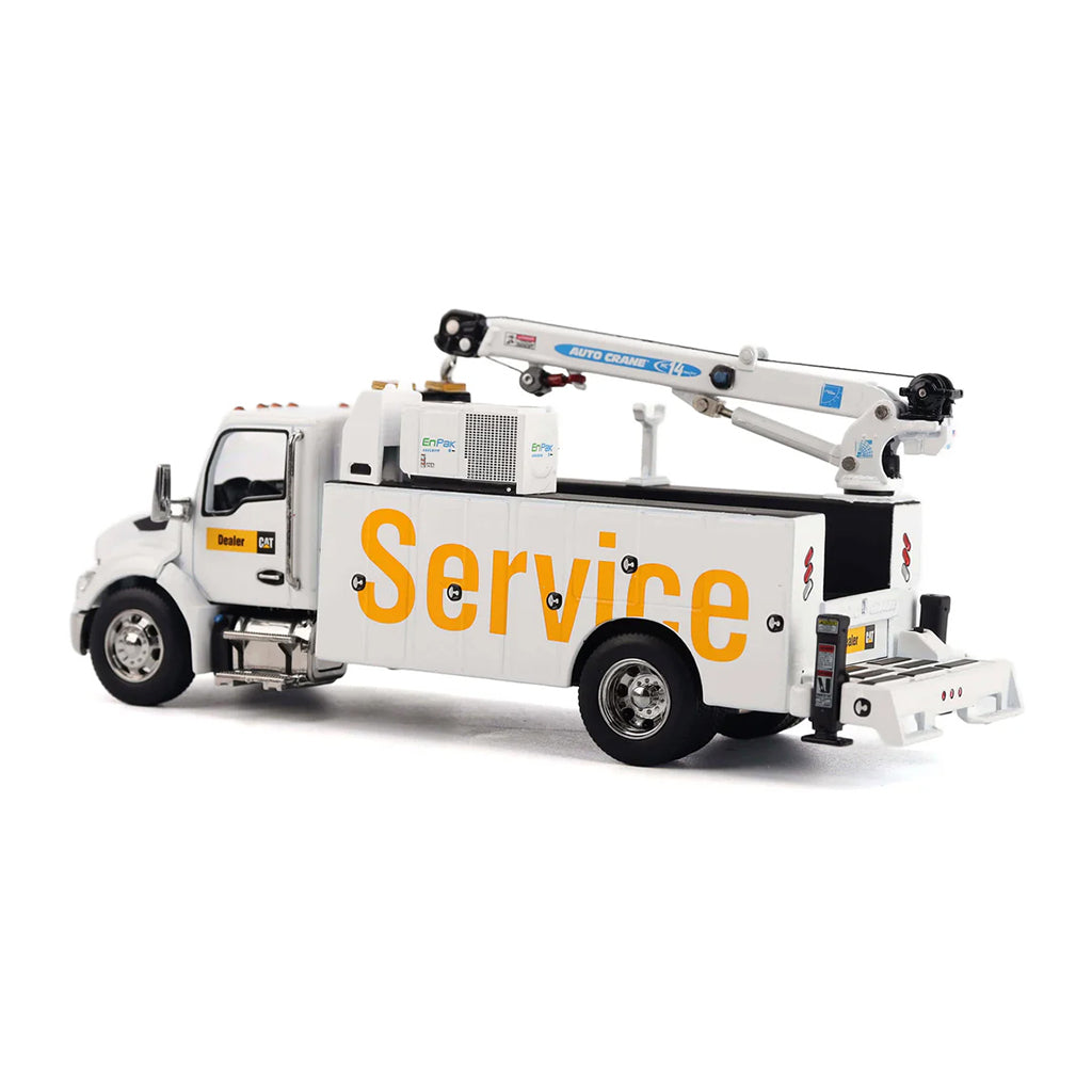 Model of a White Kenworth T380 Auto-Crane Titan 85 Body w/Miller EnPak "Caterpillar Dealer Service" on a White Background