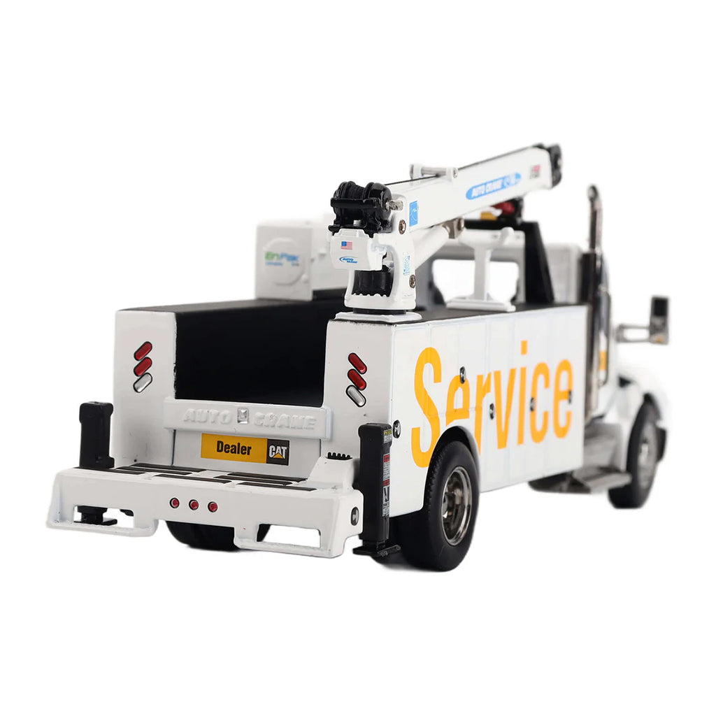 Model of a White Kenworth T380 Auto-Crane Titan 85 Body w/Miller EnPak "Caterpillar Dealer Service" on a White Background