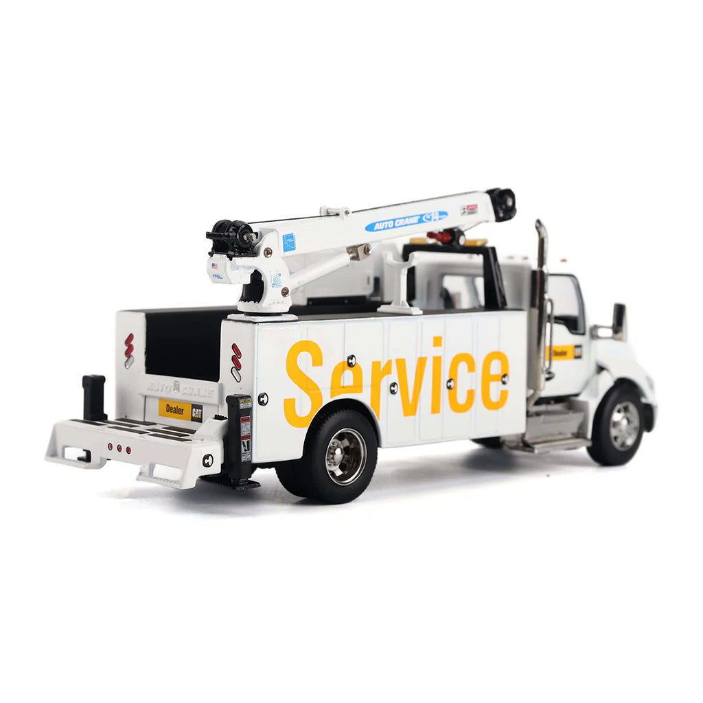 Model of a White Kenworth T380 Auto-Crane Titan 85 Body w/Miller EnPak "Caterpillar Dealer Service" on a White Background