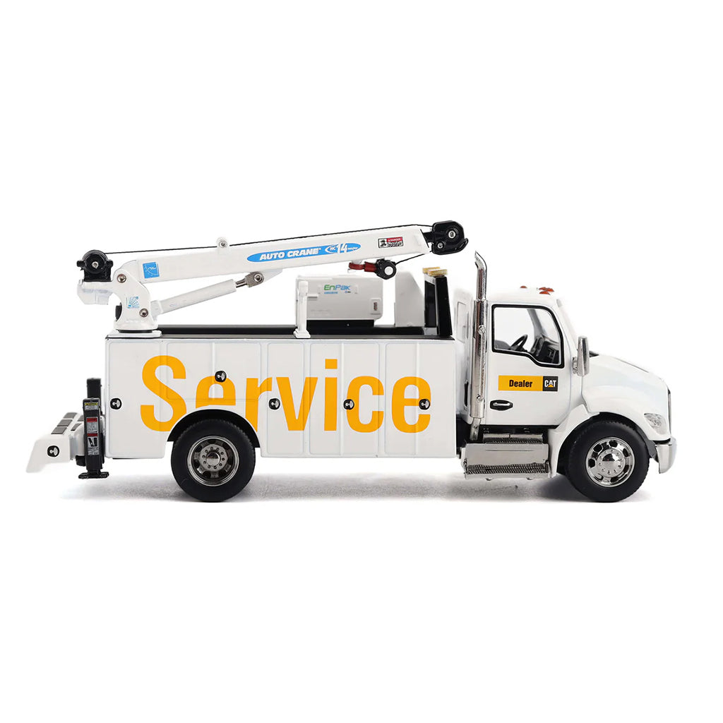 Model of a White Kenworth T380 Auto-Crane Titan 85 Body w/Miller EnPak "Caterpillar Dealer Service" on a White Background