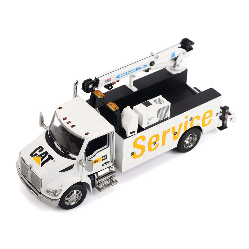 Model of a White Kenworth T380 Auto-Crane Titan 85 Body w/Miller EnPak "Caterpillar Dealer Service" on a White Background