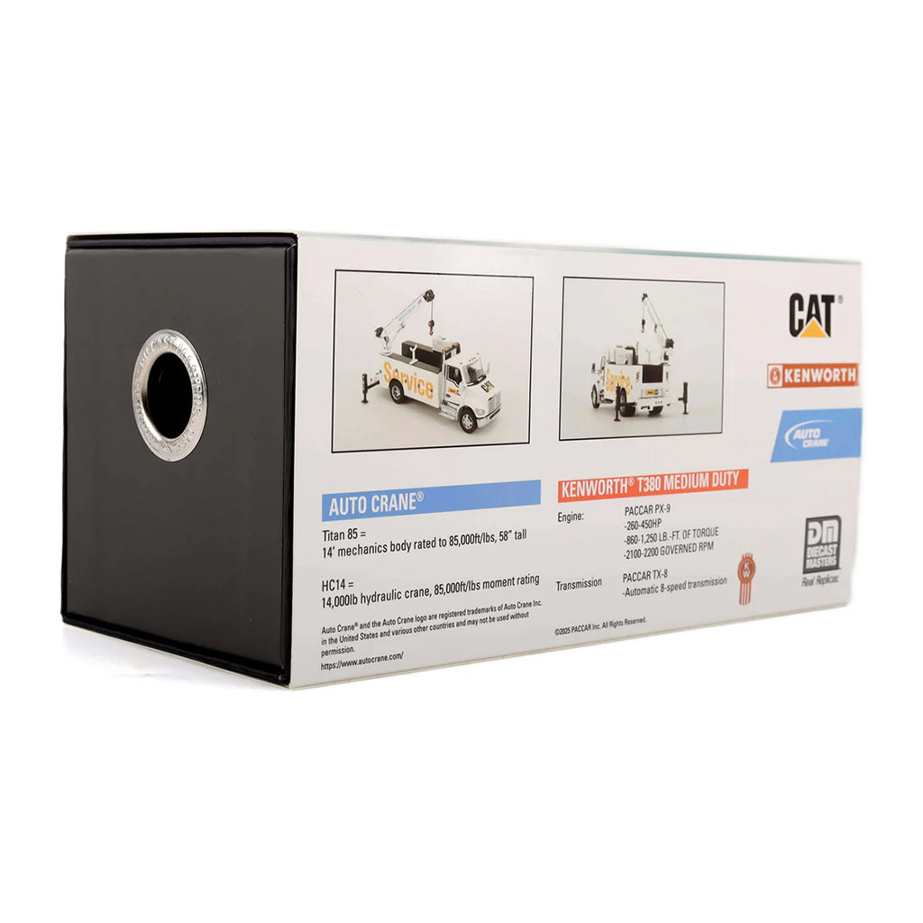 Model truck packaging with 'Cat' and 'Kenworth' branding on a white background