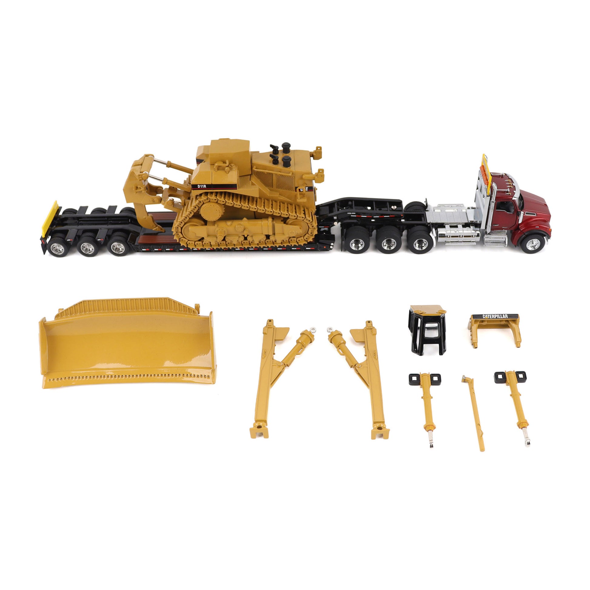 A toy construction set featuring a red Kenworth T880 semi-truck, a yellow Caterpillar D11R bulldozer on a black Trail King TK120 lowboy trailer, a large yellow blade, and several small yellow and black accessory pieces, all arranged on a white background.
