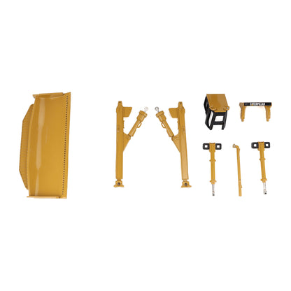A set of heavy machinery hydraulic or mechanical arms and mounting components in Caterpillar yellow, displayed against a solid white background.