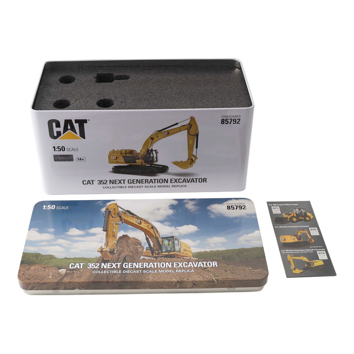 Metal Tin Box with CAT Branding and Full Color Images of a Construction Site Scene on a White Background