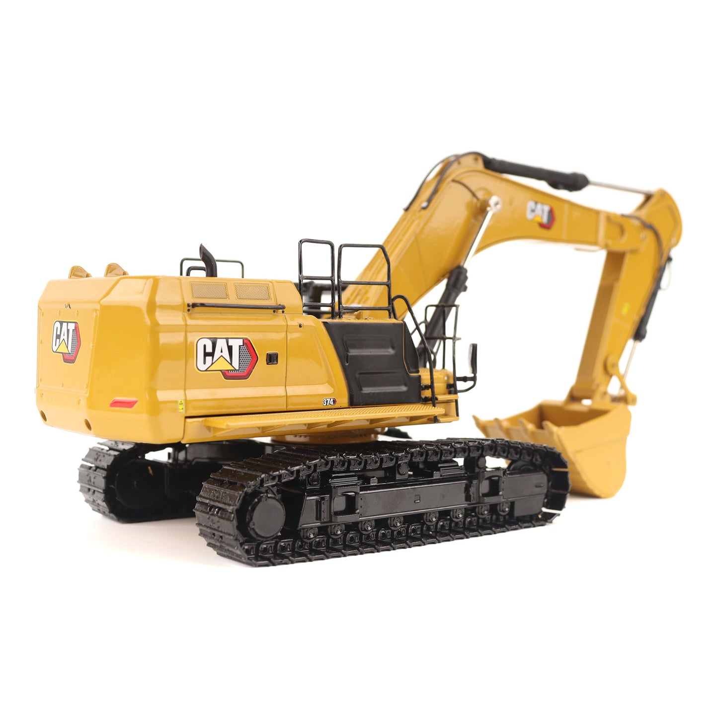 1:50th Scale Diecast Model in CAT Yellow & Black of a Caterpillar 374 Excavator Photographed on a White Background