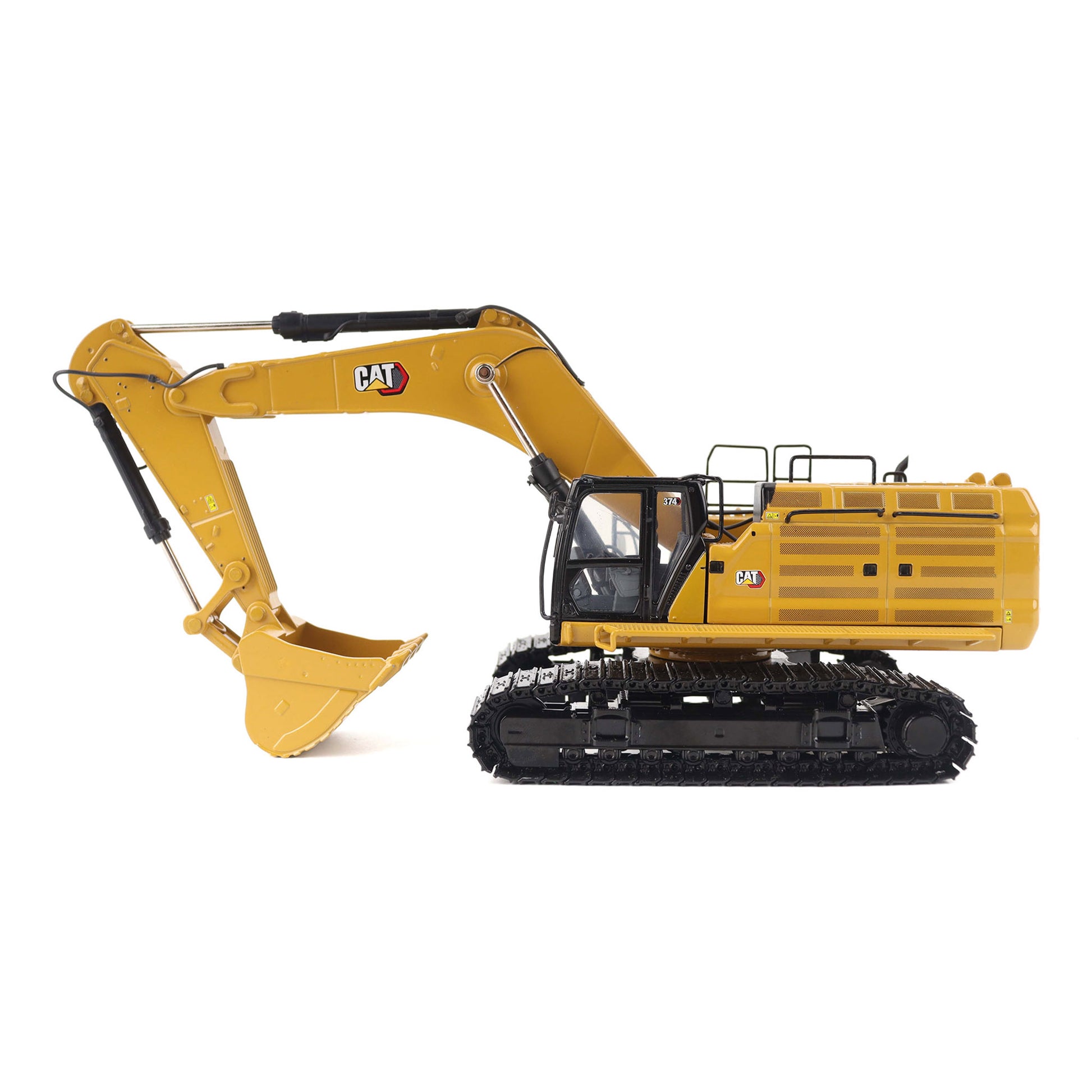 1:50th Scale Diecast Model in CAT Yellow & Black of a Caterpillar 374 Excavator Photographed on a White Background