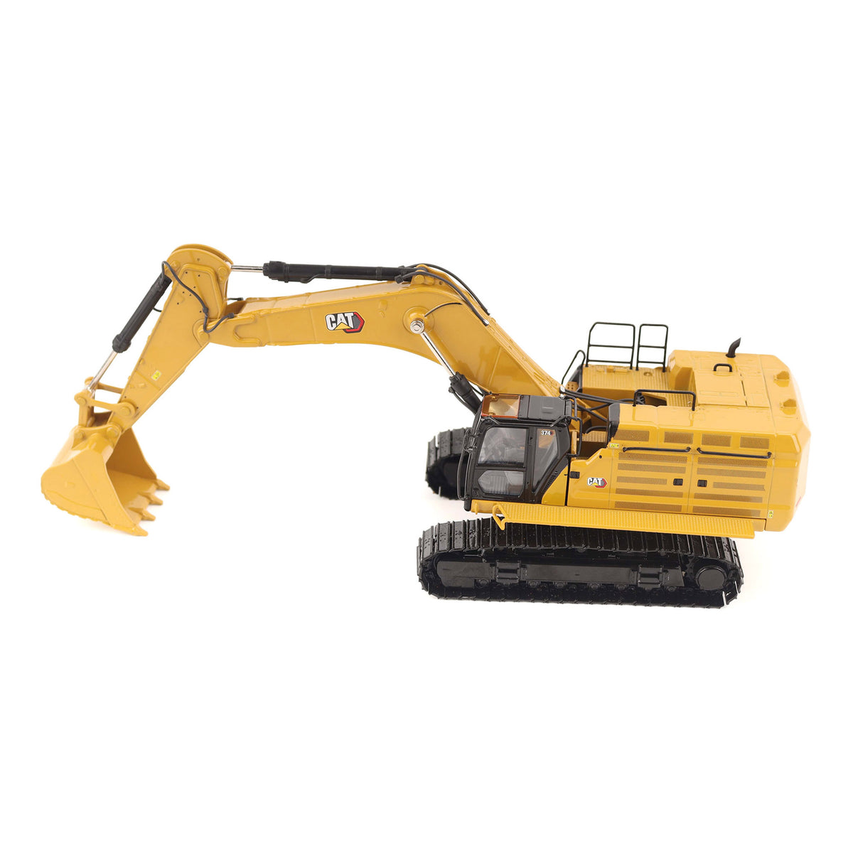 1:50th Scale Diecast Model in CAT Yellow & Black of a Caterpillar 374 Excavator Photographed on a White Background
