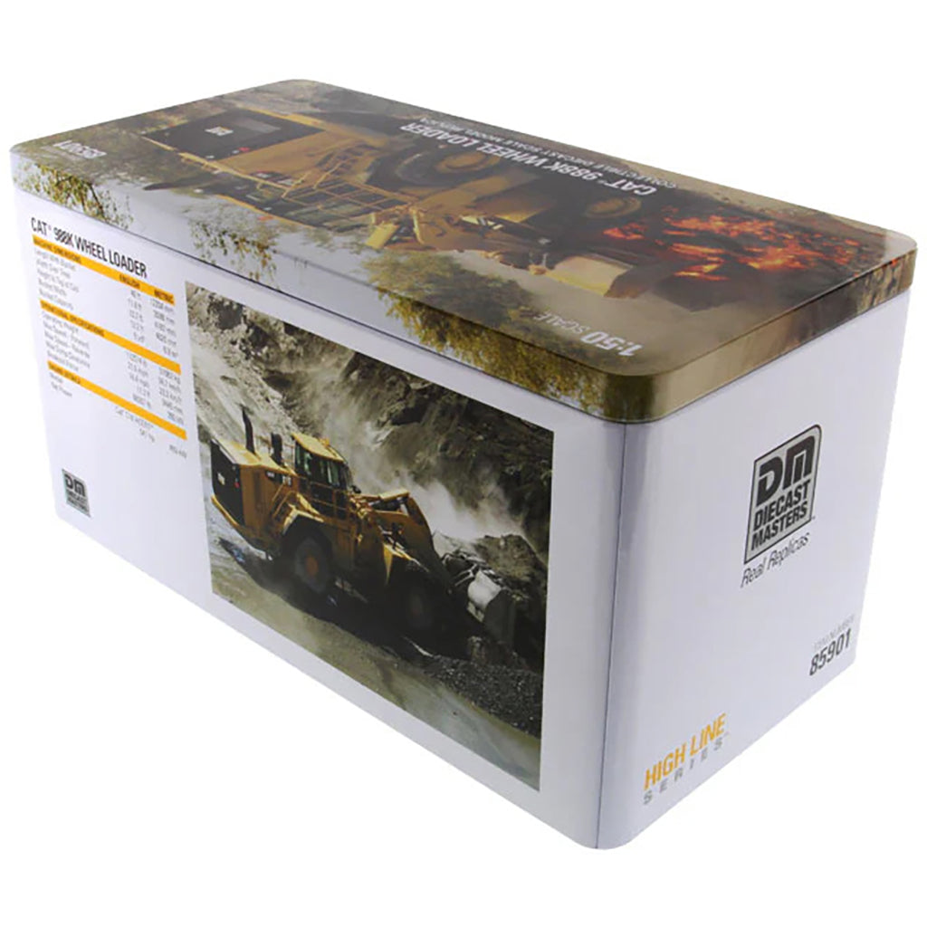 Box packaging of a CAT 988K Wheel Loader model toy on a white background
