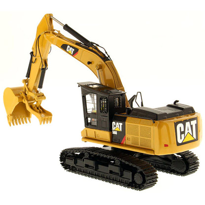 Model of a Caterpillar 568G F Hydraulic Excavator in a Road Builder Configuration with Thumb on a White Background